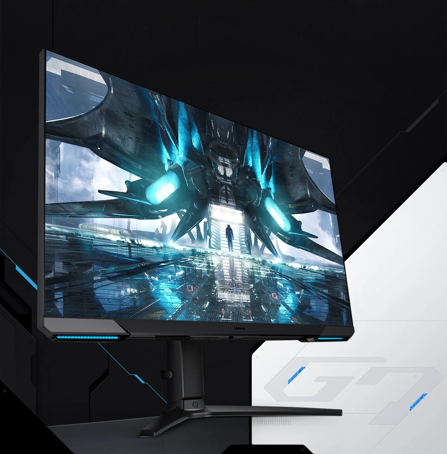 There is a monitor with its blue light on at the bottom of the screen. The name of the model †G7' is written on the background which consists of black and white with blue points. On a monitor screen shows large space ship landed on unknown planet. An astronaut in full protective space gear has just descended a flight of stairs that is illuminated by blue light leading from the spaceship to the surface.